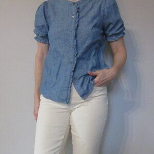 J Crew Ruffle front chambray short sleet shirt